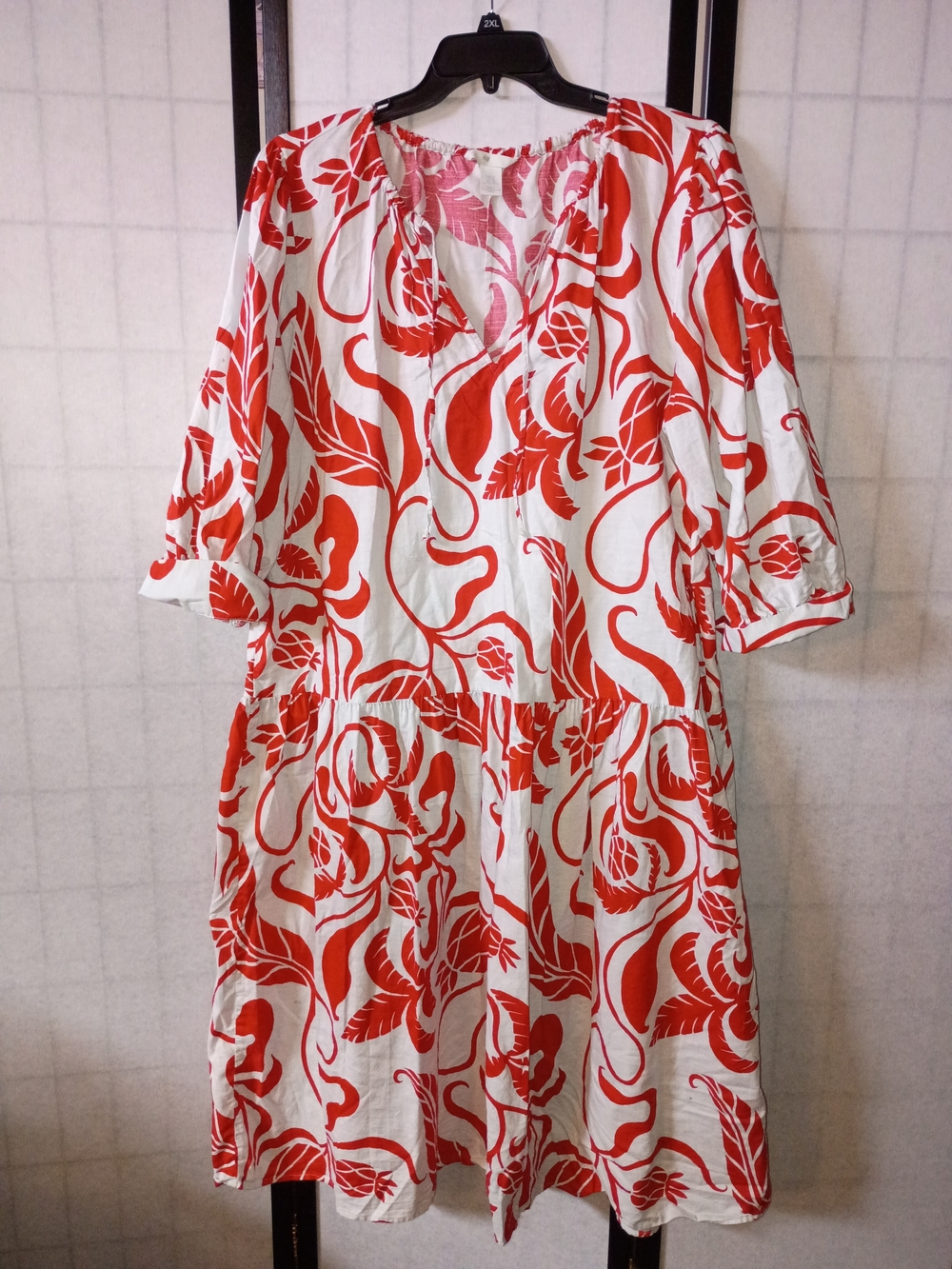 H&M White Midi Dress with Bold Red Floral Print ***Altered Neckline***